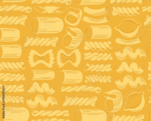 Seamless pattern with different types of pasta on a yellow background. Italian pasta of different shapes, dry macaroni, farfalle, shell and spiral pasta.