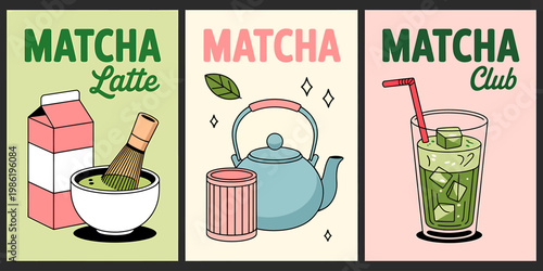 Matcha tea poster set with latte milk bowl whisk and kettle illustrations