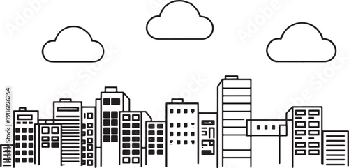 Skyline illustration with buildings and clouds under a clear sky Vector, illustration