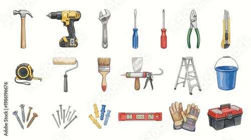Construction tools and repair equipment in watercolor style including hammer, drill, wrench, pliers, screws and toolbox isolated on white background