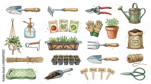 Gardening tools and plants collection in watercolor style including shovel, rake, watering can and seedlings isolated on white background
