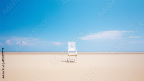 seaside. Single beach chair on golden sand under a clear blue sky. tourism br...