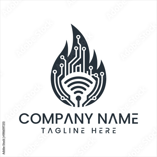 Fotografie Technology company logo with circuit board and flame design