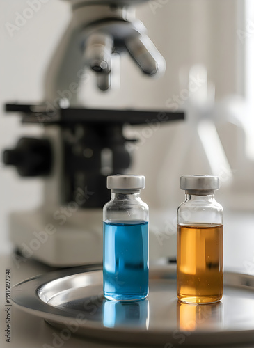 Laboratory setting with microscope and vials of blue and amber liquids