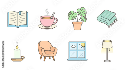 Cozy living room interior with book, coffee, plant, and warm lighting at home indoors.