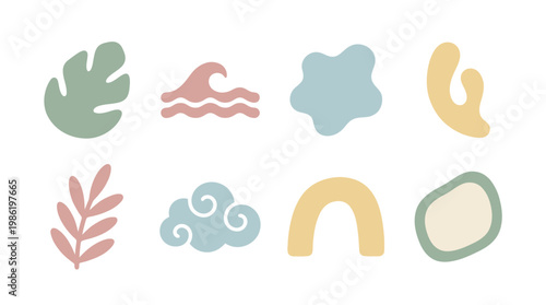 The illustration showcases various abstract shapes and plants on a white background with colorful designs.