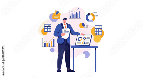 Illustrated business character presenting tax documents and data on a laptop in a bright, minimalist style, symbolizing individual income tax day and federal government responsibilities
