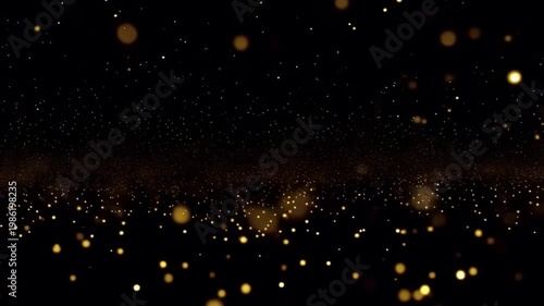 Golden light bokeh sparkle glitter effect on dark background with glowing particles and abstract shimmering dots creating magical luxury atmosphere and dynamic festive decoration