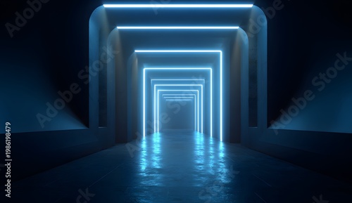 Abstract futuristic dark hallway with neon blue square portals creates deep tunnel perspective effect while reflecting on polished concrete floor surface within mysterious architectural space
