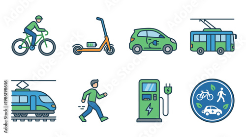 Eco-friendly icon pack of people using transport modes and charging electric vehicles.