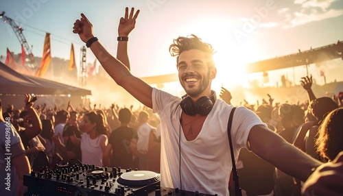 Smiling DJ at a vibrant outdoor festival with a large crowd and a bright sunset backdrop