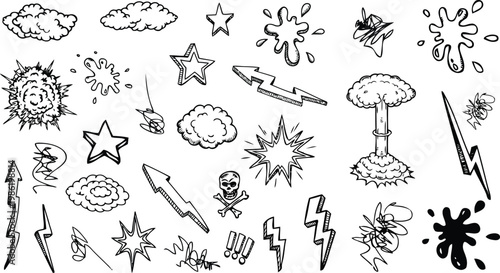 Hand-drawn explosions and effects icon set: stars clouds lightning splatters with perfect for adding a dynamic, comic-book-style