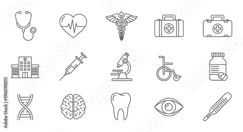 Set of medical and healthcare line icons including stethoscope, heart, syringe, and hospital equipment.