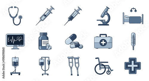 Set of various medical and healthcare icons including stethoscope, syringe, pills, and wheelchair.