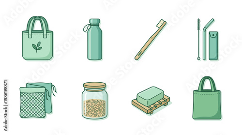 Eco friendly icon pack depicts reusable items for daily use on table