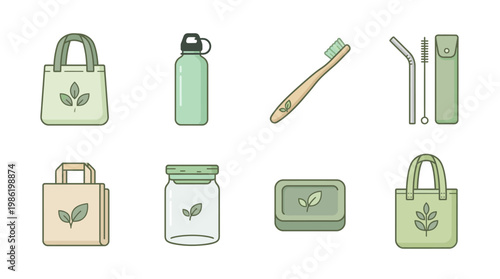 Eco-friendly icon pack with reusable bag, water bottle, toothbrush, straw, and soap for daily use.