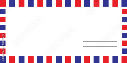 Airmail envelope frame with blue and red stripes on white background. International vintage letter border. Retro air mail postcard. Blank envelope. Vector illustration isolated on white background