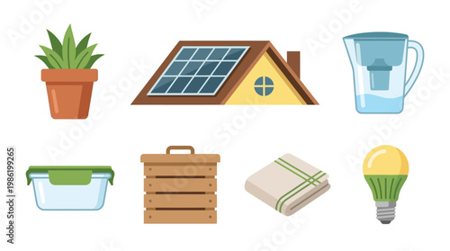 Eco friendly home icon pack includes solar panel and green living elements for sustainable lifestyle