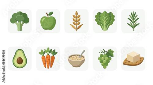 The icon pack features various healthy food items on a white background for nutrition and diet.