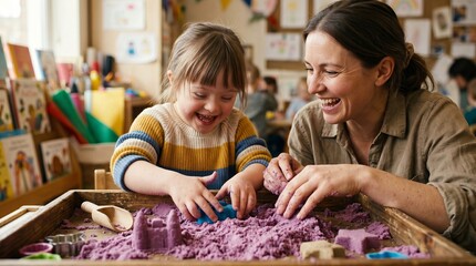 Woman teacher and little girl with Down syndrome playing with kinetic sand in classroom. Inclusive early childhood education and sensory activity. Development of motor skills concept.