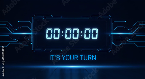 Digital timer displaying 00:00:00 with futuristic blue circuit board and the text 
