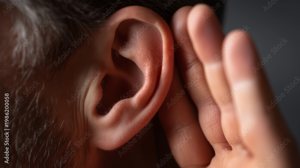 Fototapeta premium Man holding hand behind ear gesture symbolizing listening and attention concept