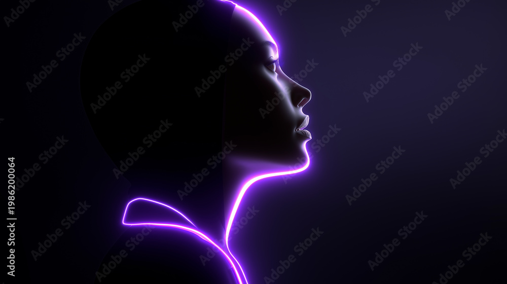 Fototapeta premium Neon illuminated female profile silhouette on dark background representing identity and futuristic concept
