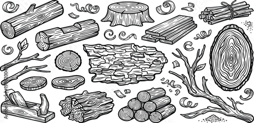 Collection of wooden elements, logs, branches, tree stumps, wood shavings, and timber planks, hand-drawn illustration