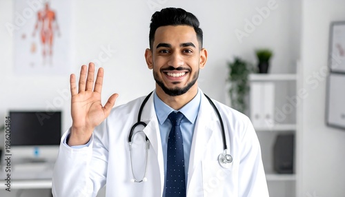 Smiling doctor in a white coat raises a hand in a greeting gesture
