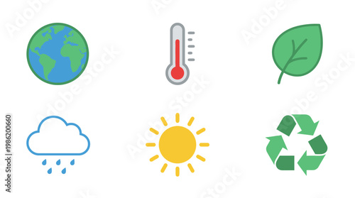 The icon pack features earth, leaf, thermometer, cloud, sun, and recycling symbols.