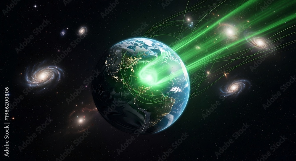 Fototapeta premium Earth from space with green laser beams.