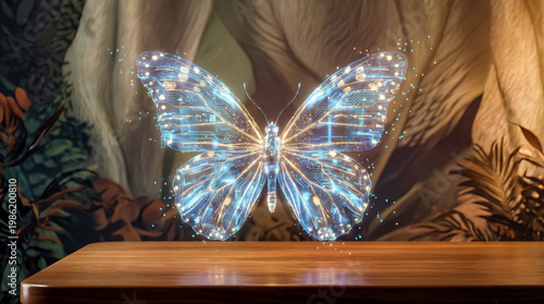 Futuristic digital butterfly hovering above wooden table in human environment blending artificial intelligence and nature in intimate technological interaction scene.