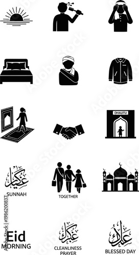 Islamic icons set featuring vector graphic designs depicting Muslim religious traditions rituals customs prayer practices clothing lifestyle cultural symbols including mosques sunrise morning routine 