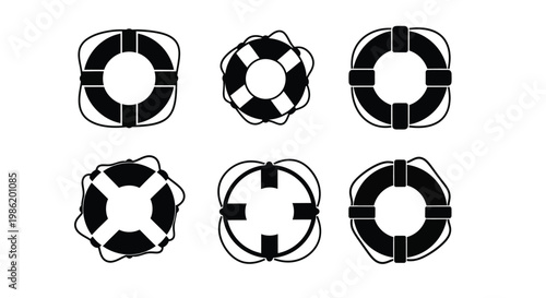 Arrangement of six life preservers in a geometric pattern silhouette