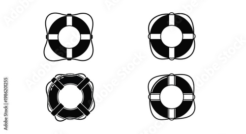 Four life preservers in a simple black and white silhouette