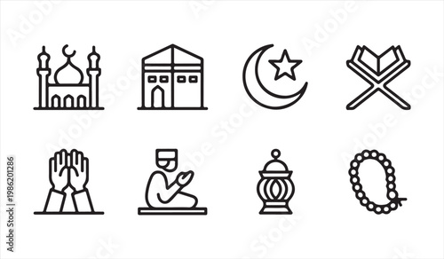 Islamic line icons set with mosque crescent Quran prayer and religious symbols