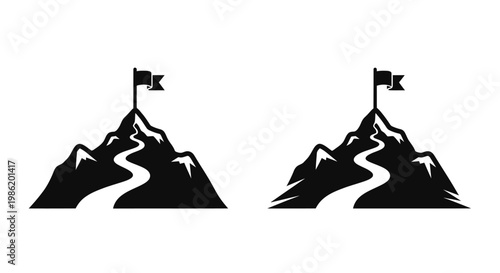 Two mountain peaks with flags a striking black and white silhouette