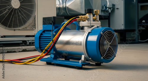 Industrial blue vacuum pump with colorful wires and fan on concrete floor