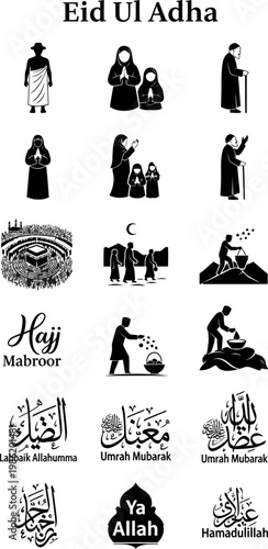 Hajj icons vector set featuring traditional Muslim pilgrims in prayer rituals alongside artistic Arabic calligraphy designs depicting sacred religious pilgrimage symbols for Eid Ul Adha celebration gr