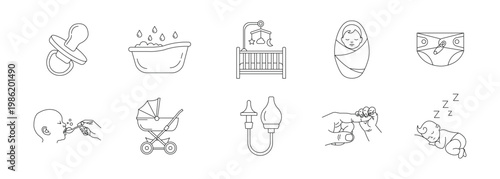 Baby care thin line icon set. Newborn essentials and infant care outline icons. Editable stroke. Vector illustration.	