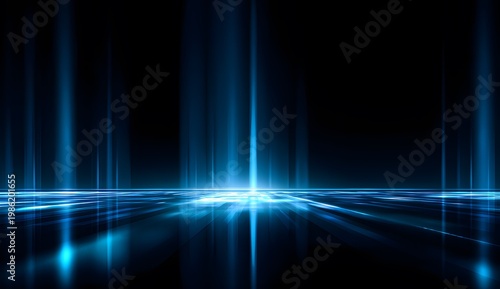 Futuristic digital abstract background with glowing blue light streaks emanating from a grid structure on dark background science technology and innovation concept