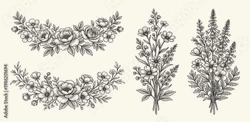 Collection of intricate floral botanical drawings, featuring delicate flower arrangements and leafy branches in a charming illustrative style