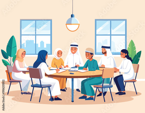 Diverse Arab students and professionals collaborating in a modern office or classroom setting.