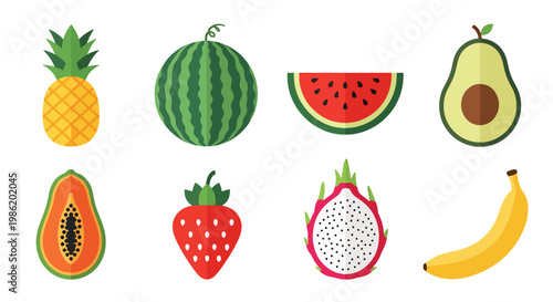 Flat style vector illustration of a clean fruit icon grid displaying avocado, orange, pineapple, watermelon, strawberry, dragon fruit, papaya, and banana in minimal layout