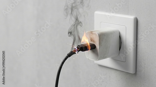 Burning electrical wire connected to wall socket. Damaged charger cable with sparks and smoke. Concept of electrical short circuit, fire hazard, home safety and faulty power supply equipment.