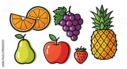 Flat style vector illustration of playful hand drawn fruit doodles featuring apple, pineapple, strawberry, grapes, orange slices, and pear with bold outlines and soft shadows