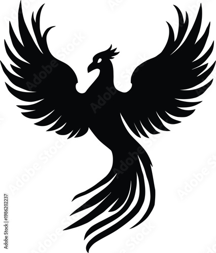 Majestic black phoenix with wings spread wide, intricate feather details, mythical