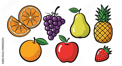 Flat style vector illustration of playful hand drawn fruit doodles featuring apple, pineapple, strawberry, grapes, orange slices, and pear with bold outlines and soft shadows