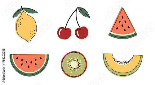 Flat style vector illustration of minimal fruit slices including kiwi, lemon, watermelon, and melon arranged in simple geometric layout with soft shadow accents