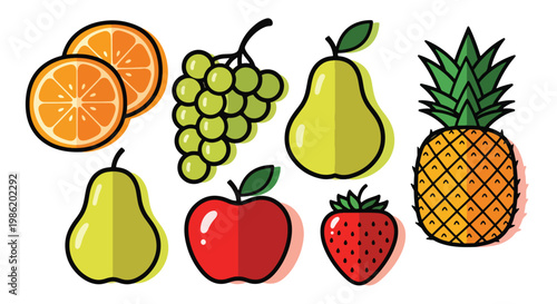 Flat style vector illustration of playful hand drawn fruit doodles featuring apple, pineapple, strawberry, grapes, orange slices, and pear with bold outlines and soft shadows